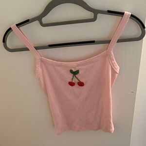 Pink Tank Top with Cherry Embroidery